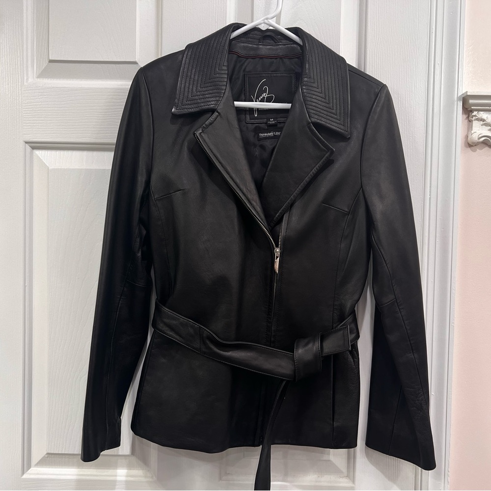 Venus Williams Wilsons Leather Black Fitted Leather Jacket with Belted Waist